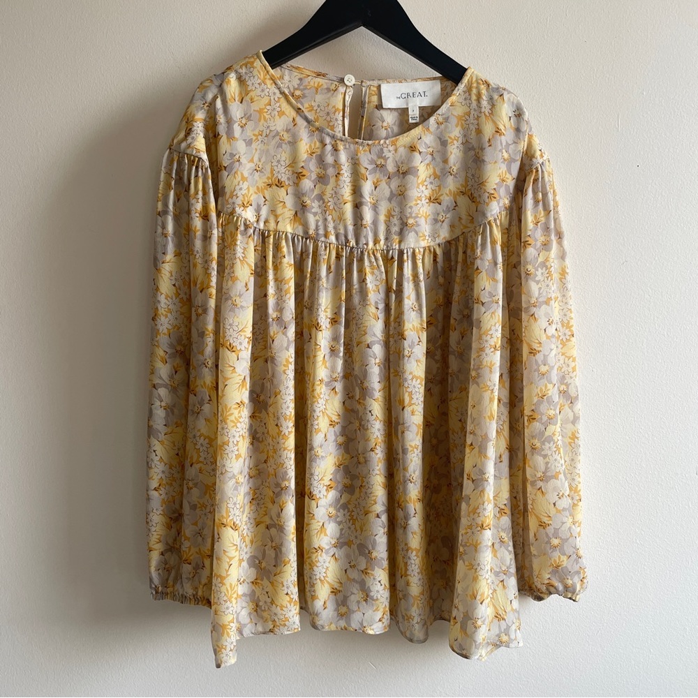 THE GREAT. Floral Yellow and Gray Blouse